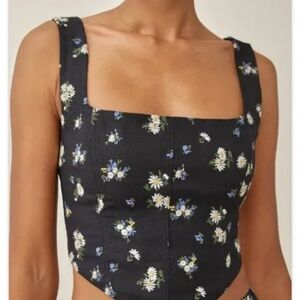 Reformation Tops | Black Floral Square Neck Linen Crop/Corset Top